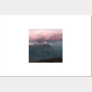 Mountain Peak With Pink Cloud Above During Sunrise Posters and Art